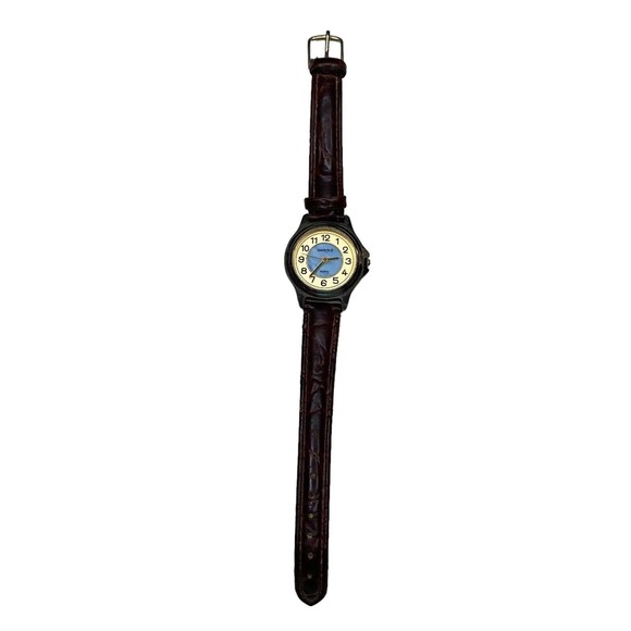 Watch-It Silver Gold Tone Blue Gold Dial Brown Leather Analog Watch Womens Ladie - Picture 2 of 5